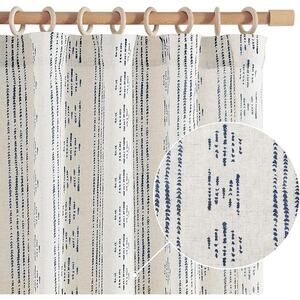 Boho  Curtains Beige with Blue Geometric Detail 50" X 96" 2 Panels Rod Clip Tab